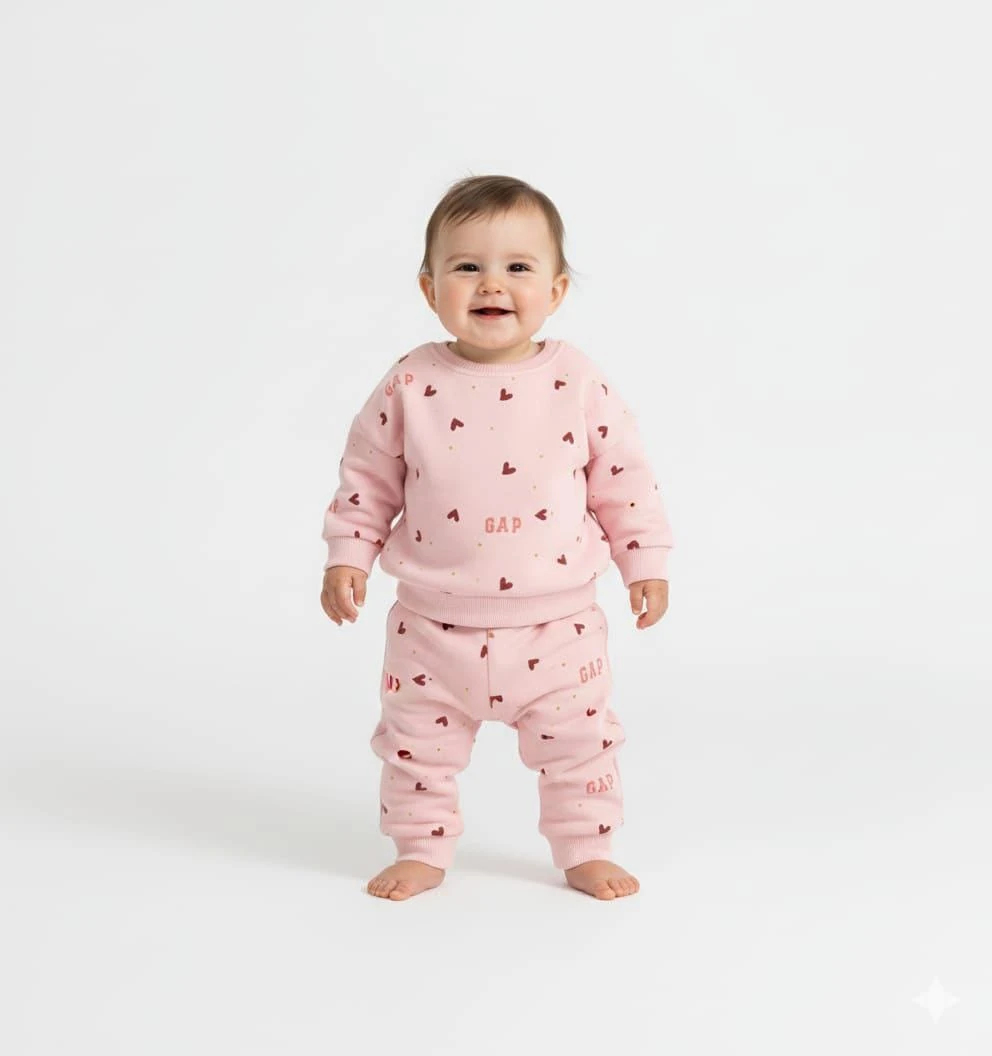 Kalp Detaylı Pembe Eşorfman Takım-Bebe Boy