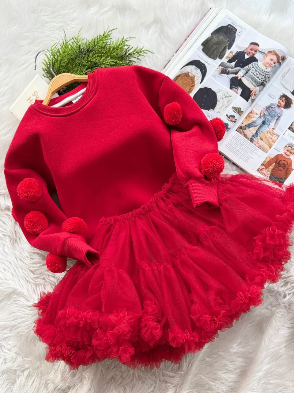 Kırmızı 3 İplik Sweatshirt ve Tütü Etekli Takım