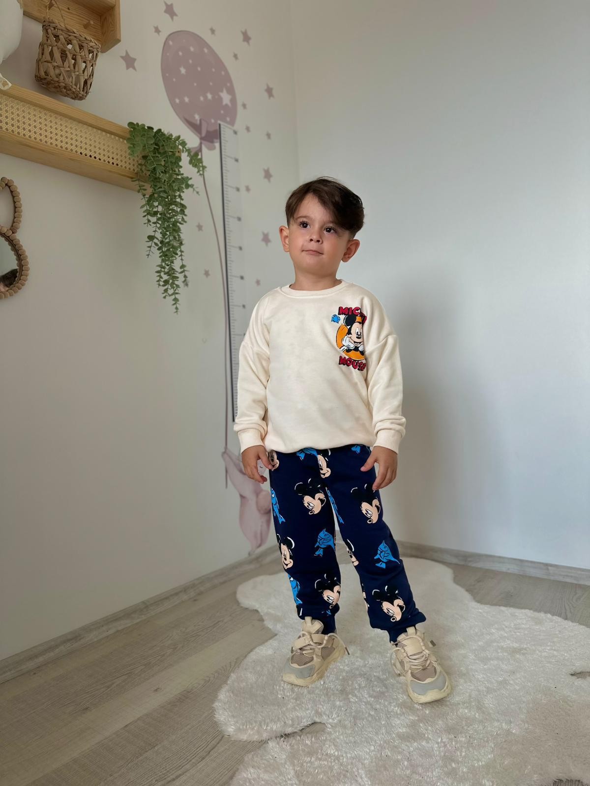 Krem Mickey Mouse 3 İplik Sweatshirt ve Eşorfman Takım