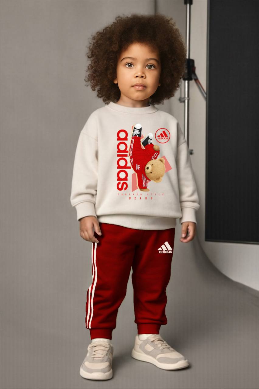 Ayıcık Desenli 3 İplik Eşorfman Takım-Kırmızı