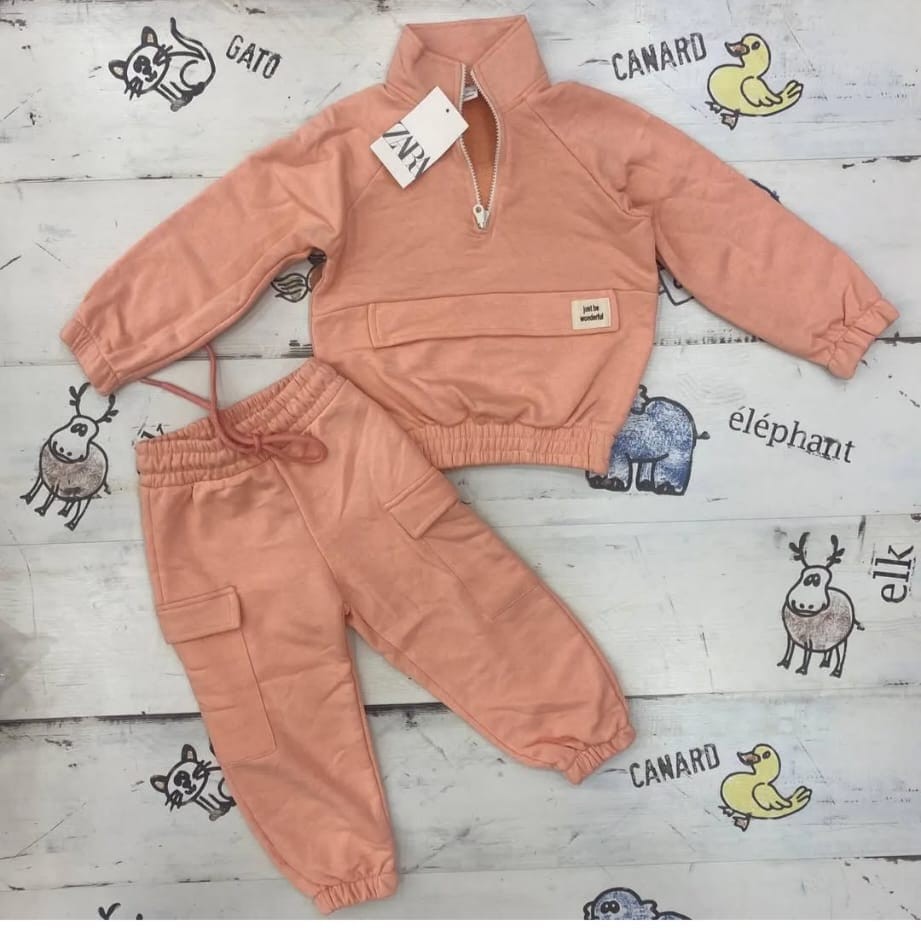 Somon Rengi Yarım Fermuarlı Sweatshirt ve Eşorfman Takım