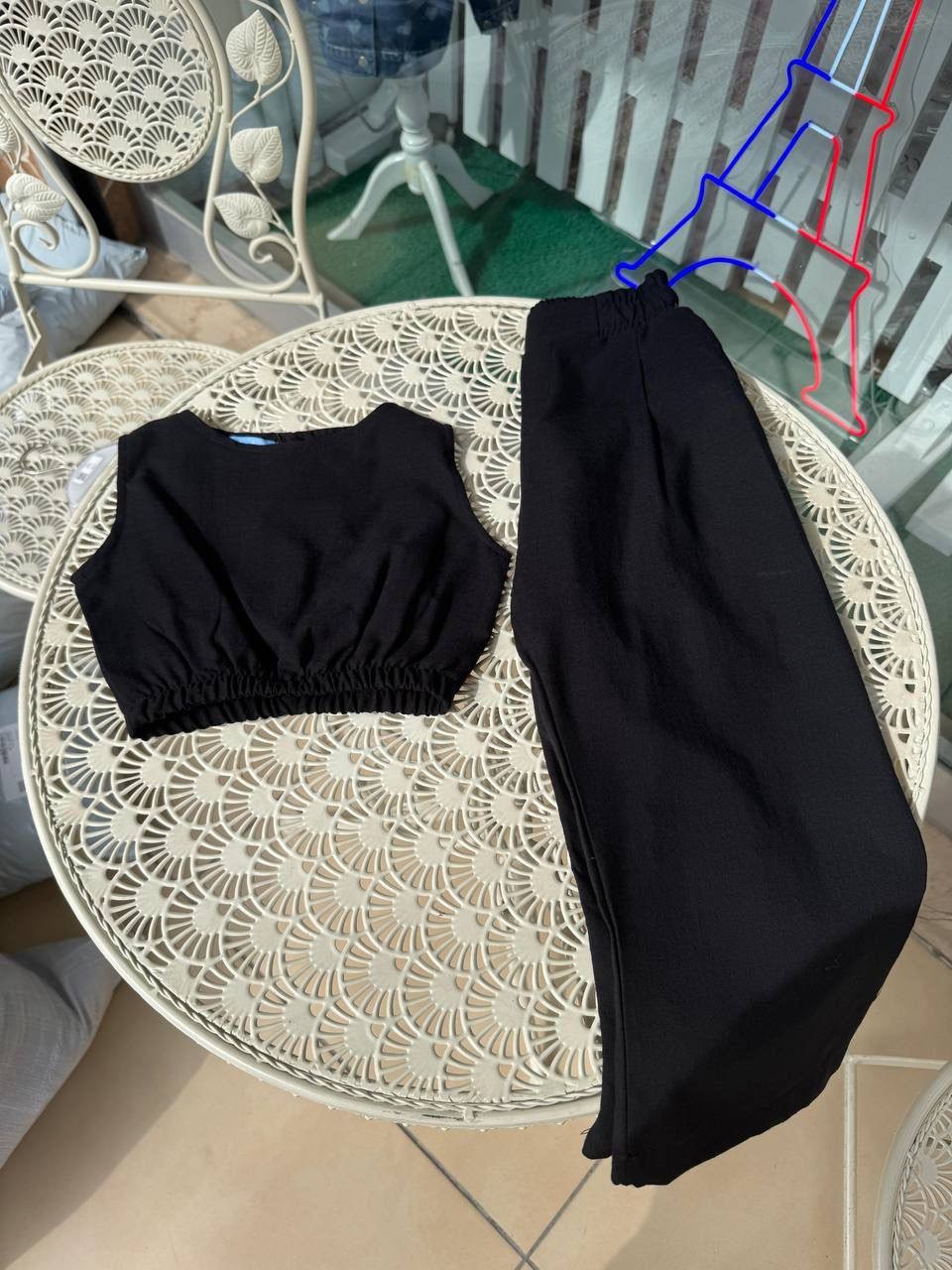 %100 Keten Siyah Crop Takım