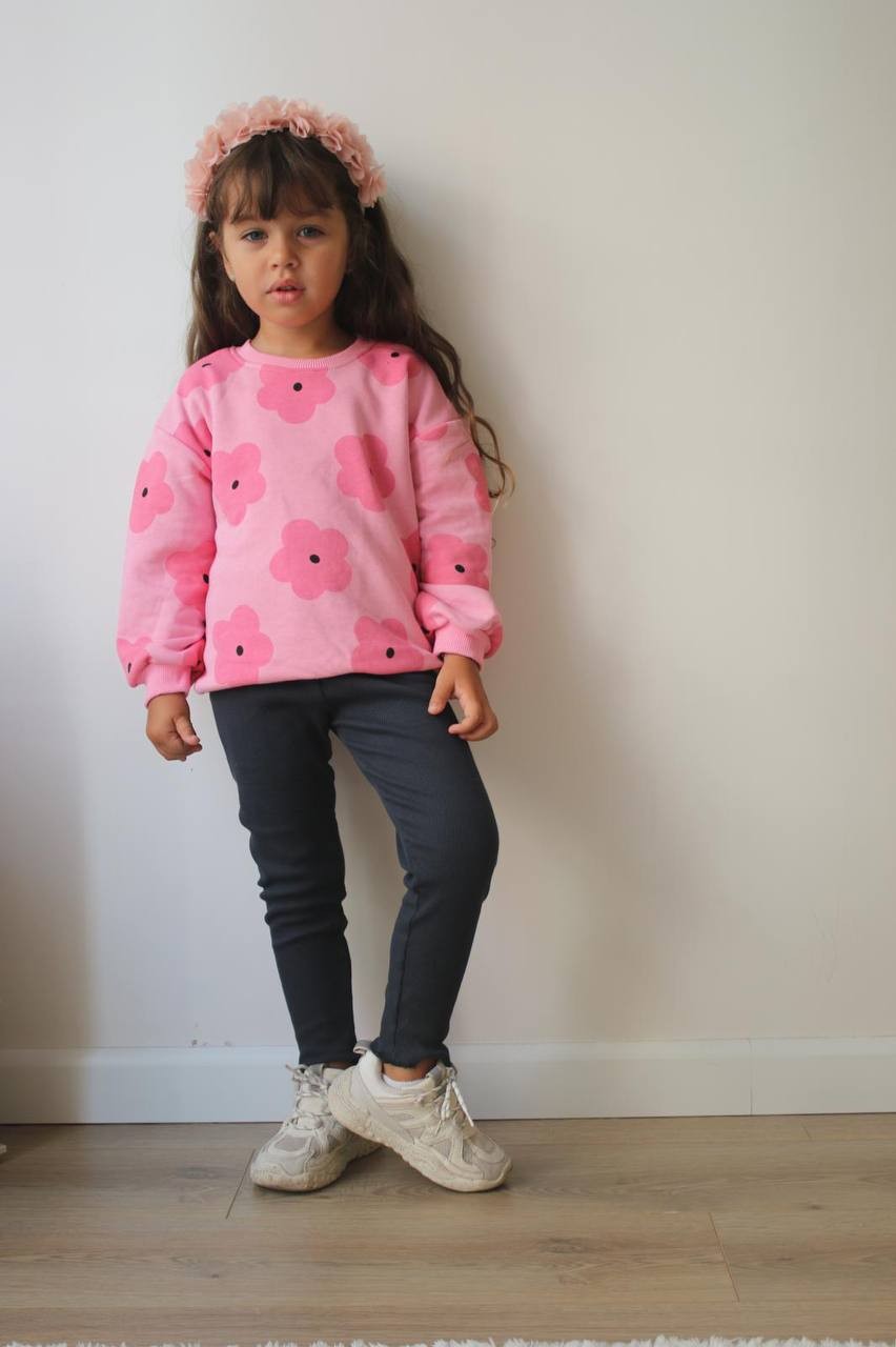 Pembe Çiçekli 3 İplik Sweatshirt Ve Taytlı Takım