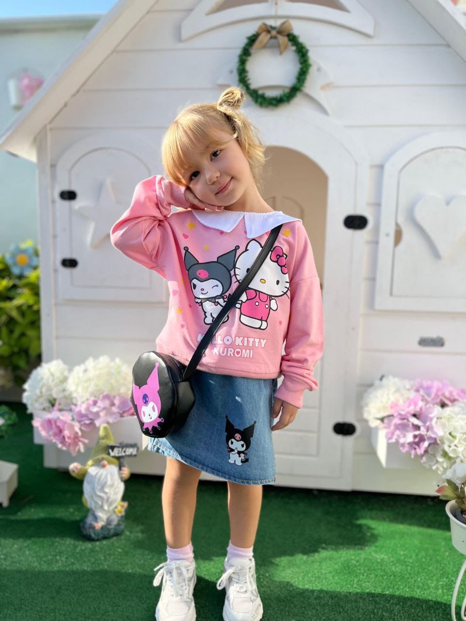 Kuromi Hello Kitty 2 İplik Sweatshirt ve Kot Şort Etekli Takım(Çanta Hediyeli)