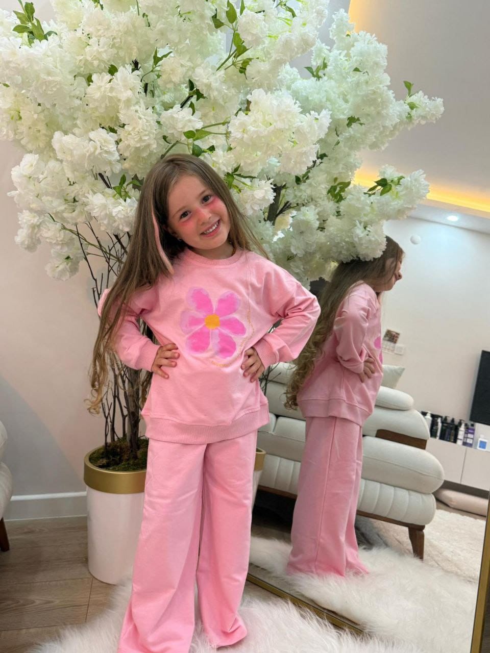 Pembe Çiçekli 2 İplik Sweatshirt ve Bol Paça Takım