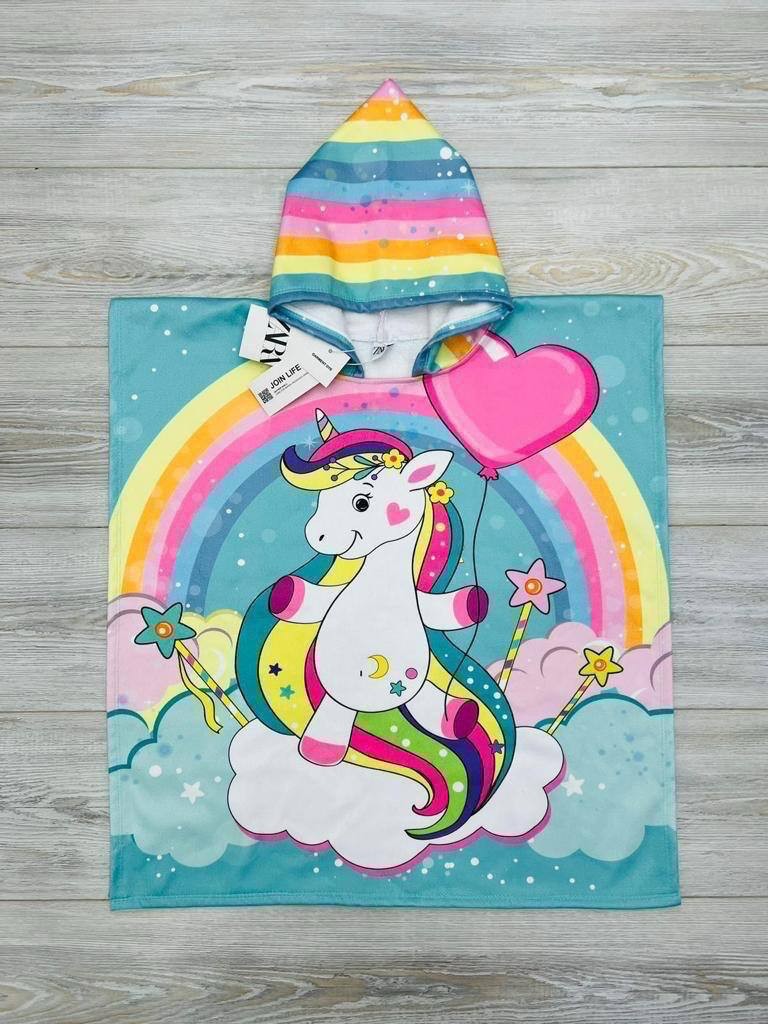 Renkli Gökkuşağı ve Unicorn Desenli Kapüşonlu Çocuk Deniz Pançosu