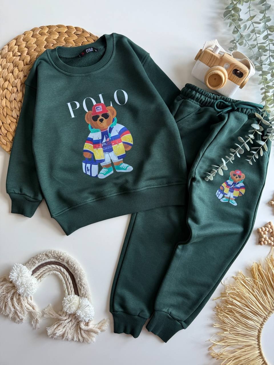 Marka Teddy Bear 3 İplik Sweatshirt ve Eşorfman Takım-Yeşil