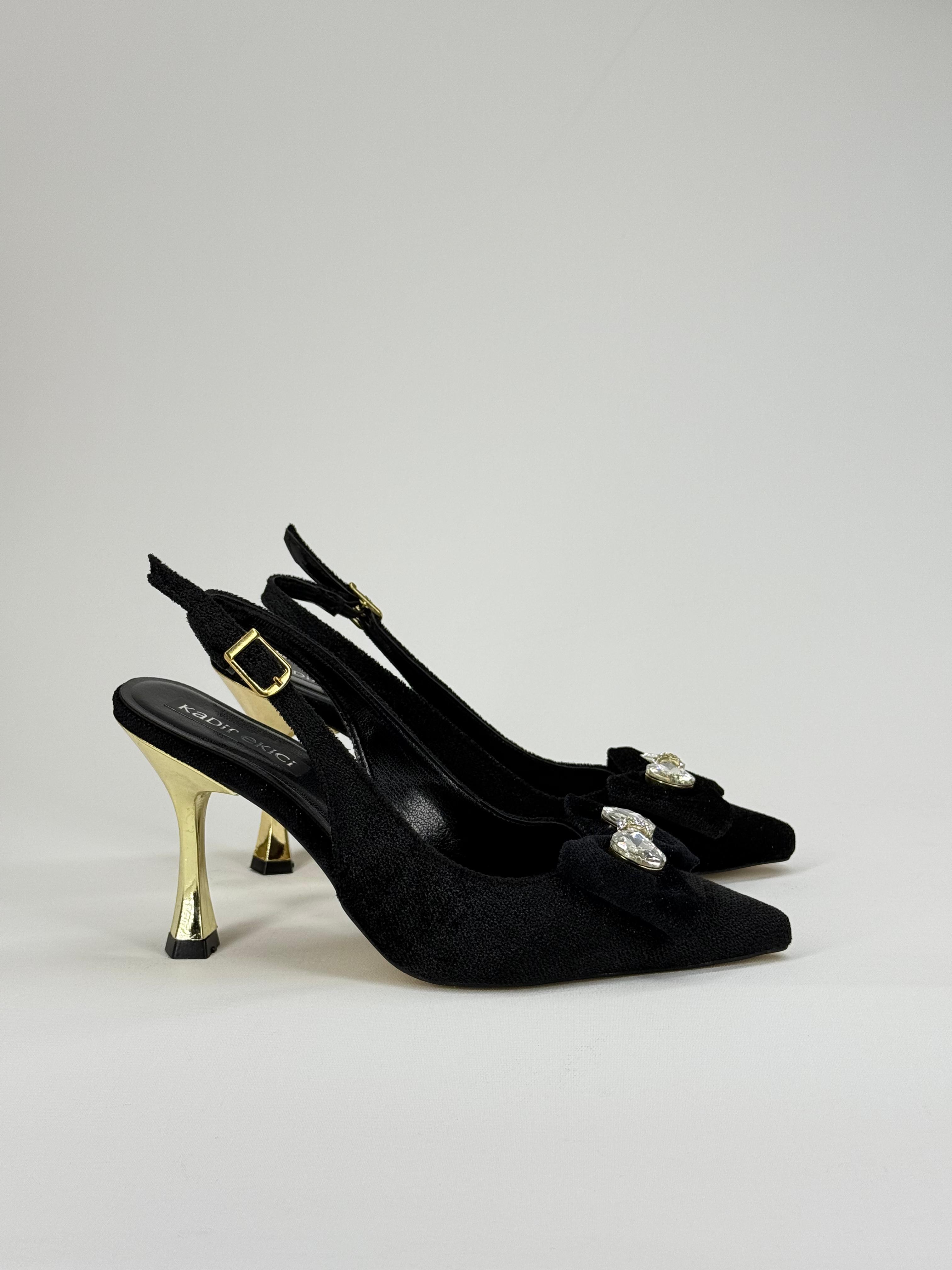 Kadın Kadife Taşlı Topuklu Stiletto Ayakkabı
