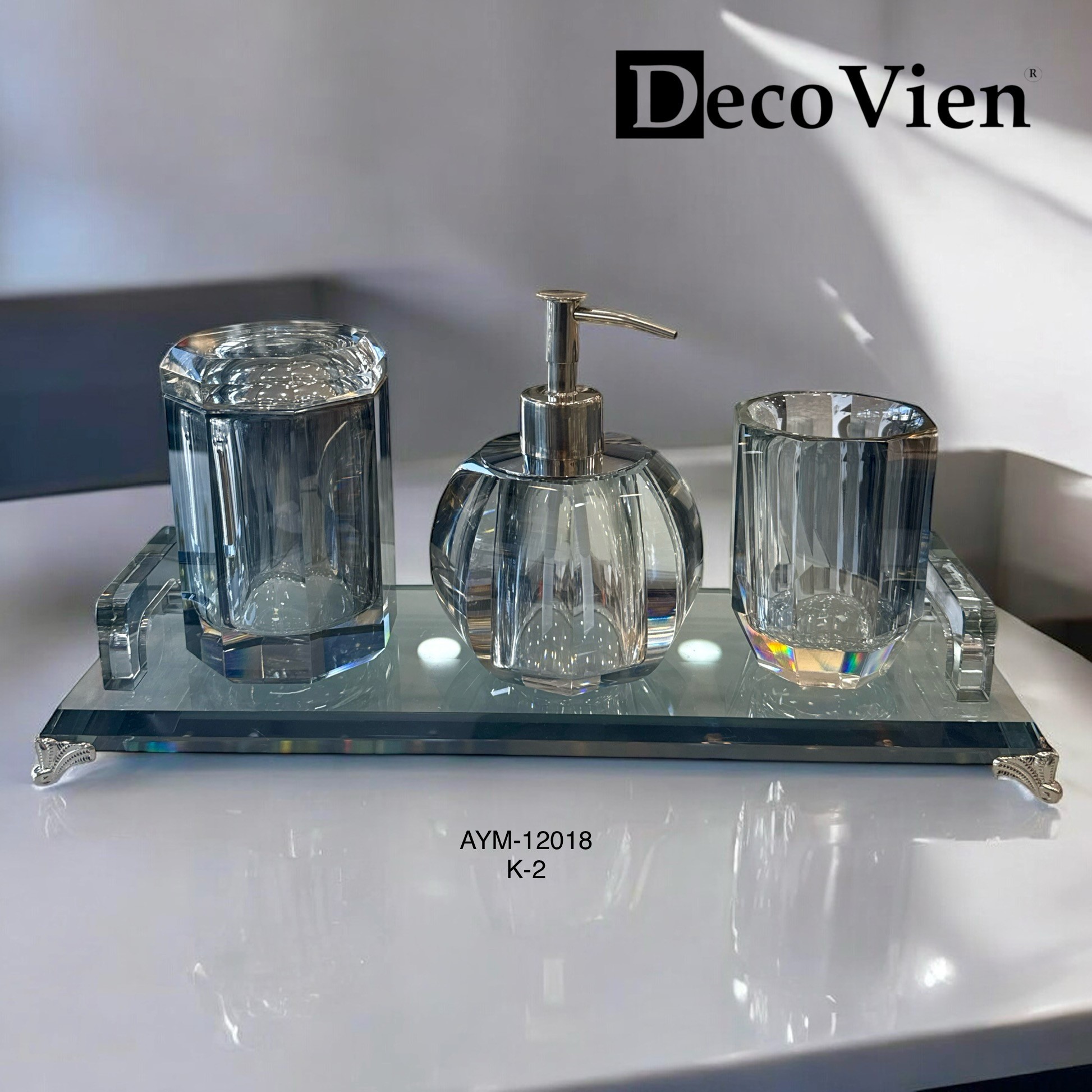 4 Parça Kristal Tepsili Banyo Seti Füme