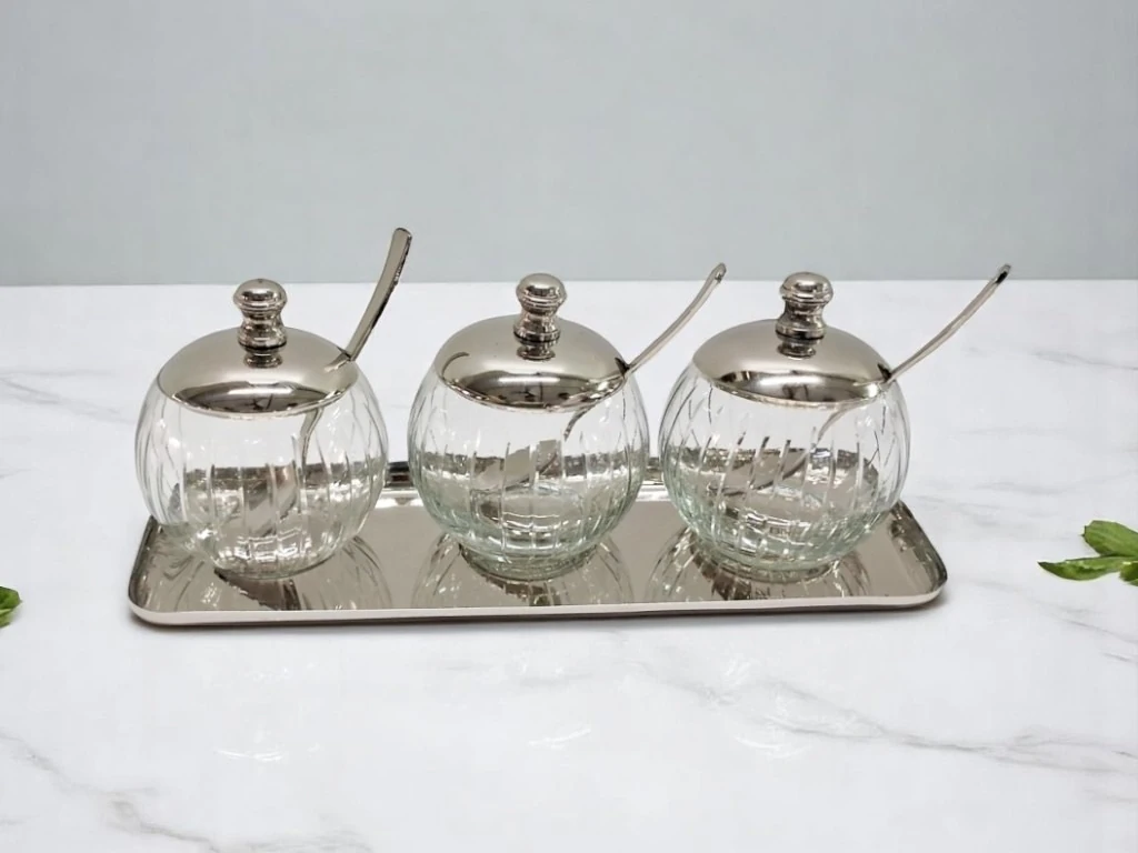 Tepsili 3'lü Pirinç Baharatlık Gümüş