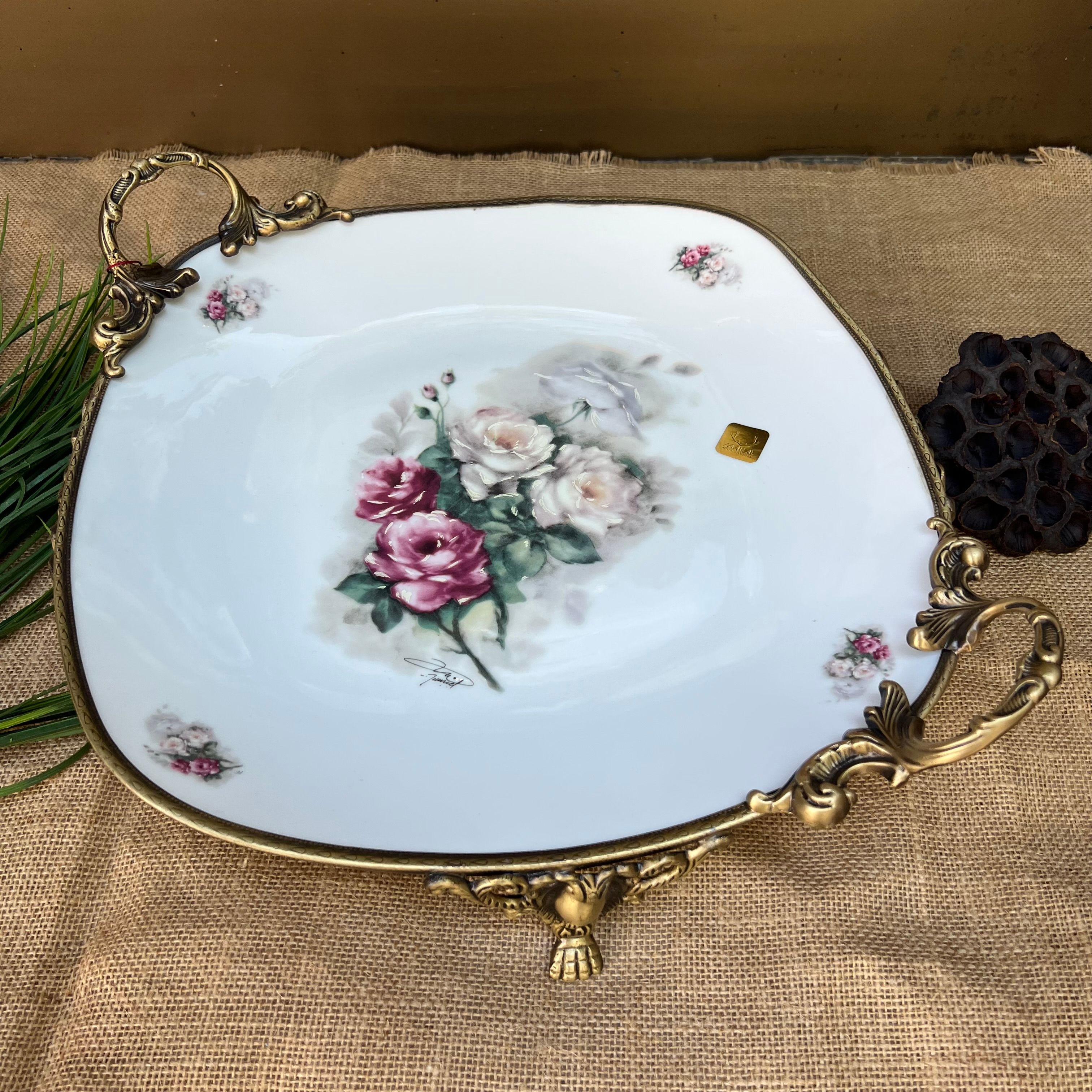 Antique Kulplu Kare Tabak Büyük 40cm