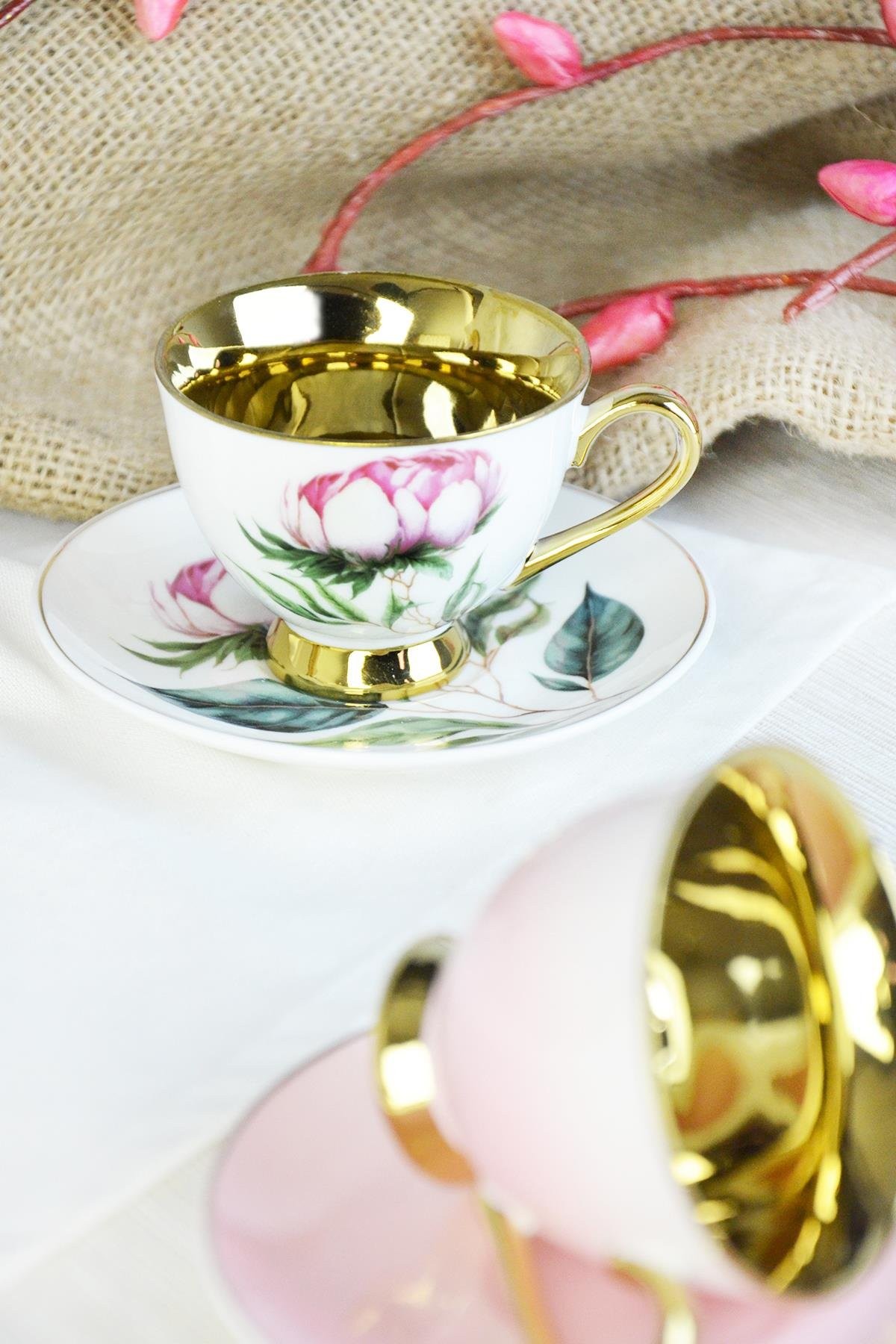 Peony Çiçekli Yaldızlı Kahve Fincanı
