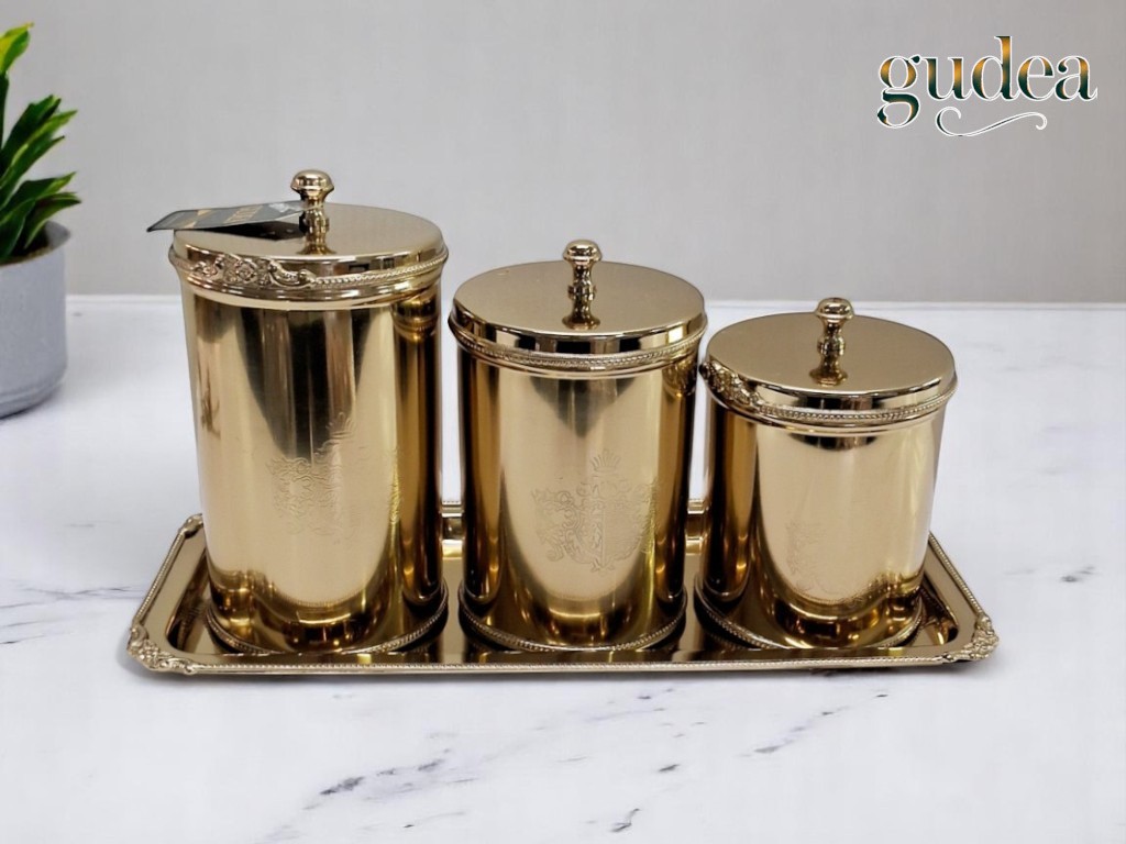 3'lü Tepsili Pirinç Saklama Seti Gold 15-13-10cm