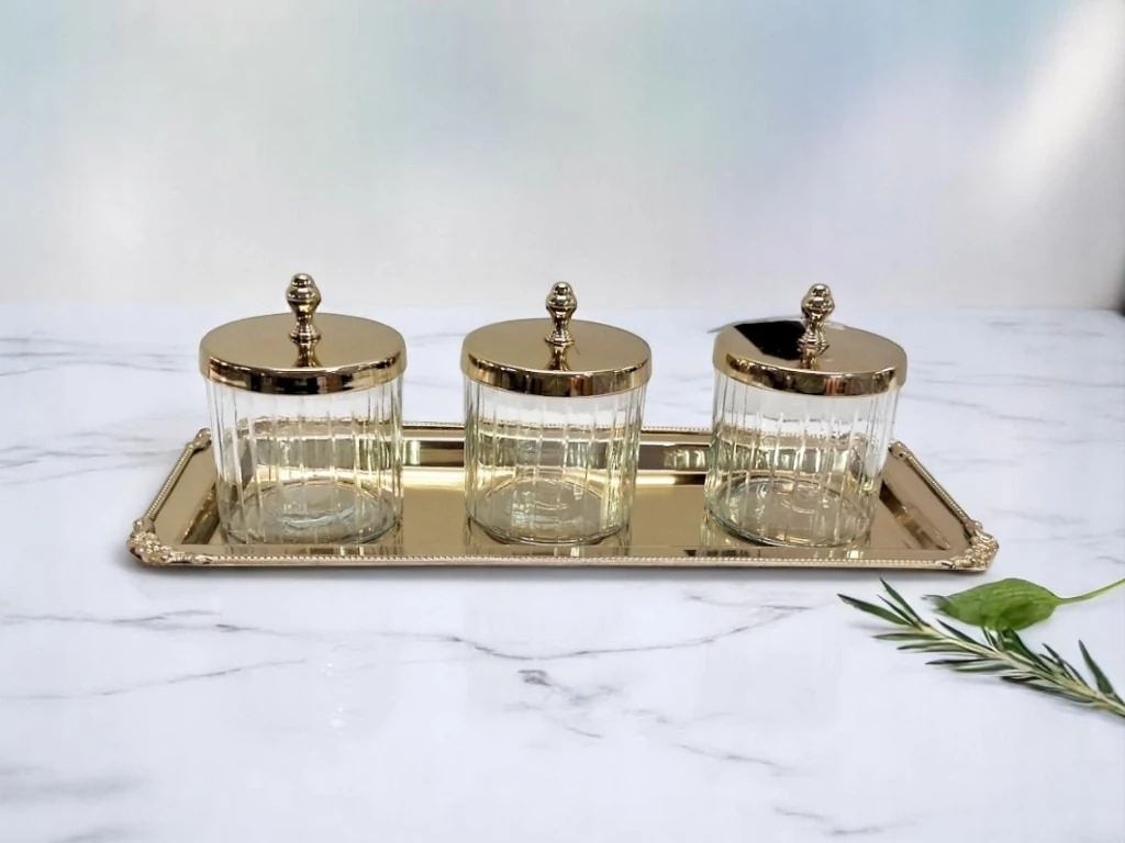 Tepsili 3'lü Pirinç-Cam Saklama Seti Gold