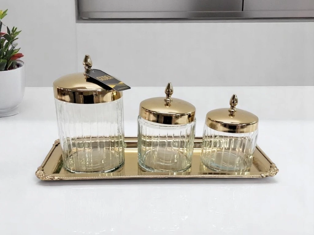 Tepsili 3 Boy Pirinç-Cam Saklama Seti Gold