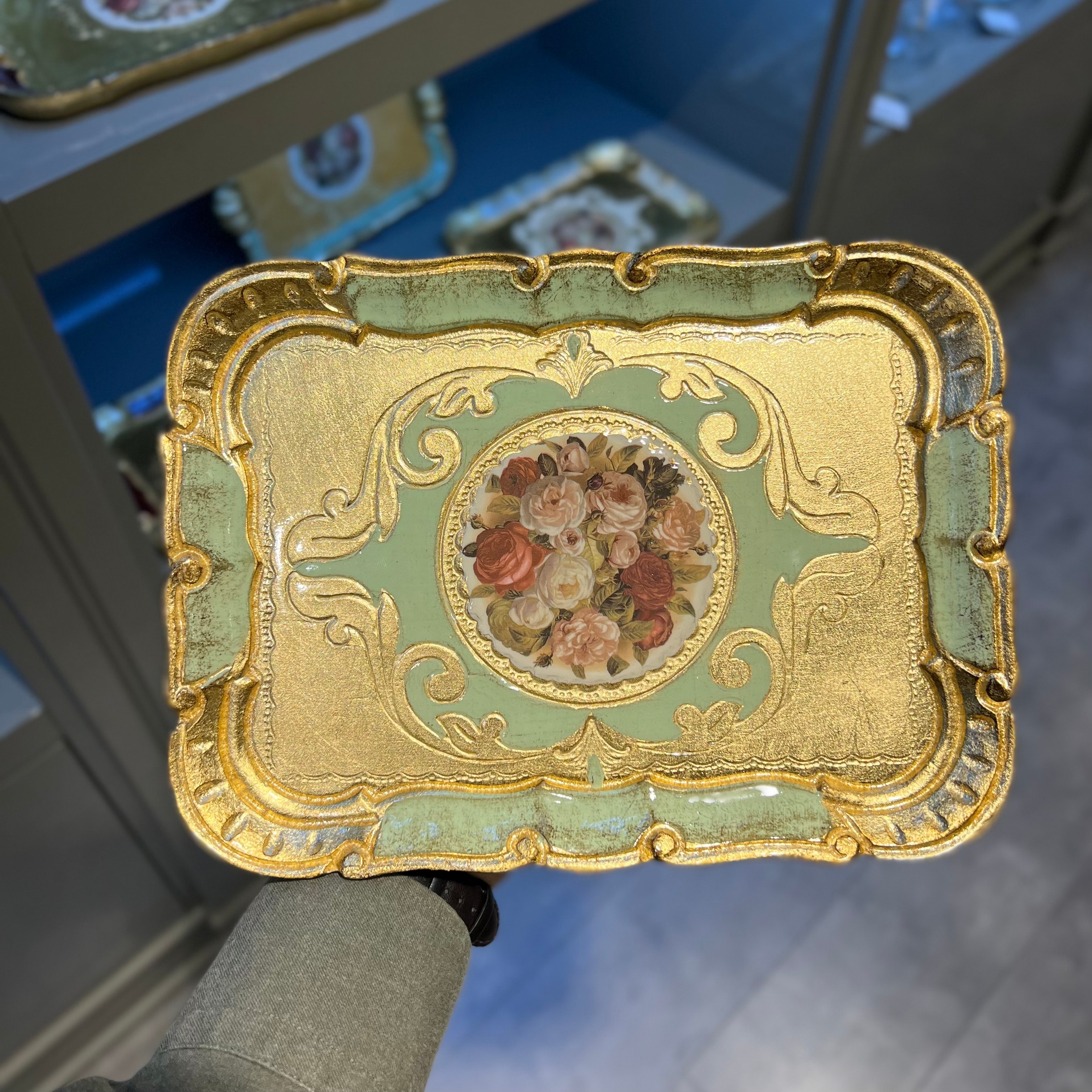 Orijinal İtalyan Gülağacı Dikdörtgen Tepsi Yeşil 26x19cm Tek Kişilik