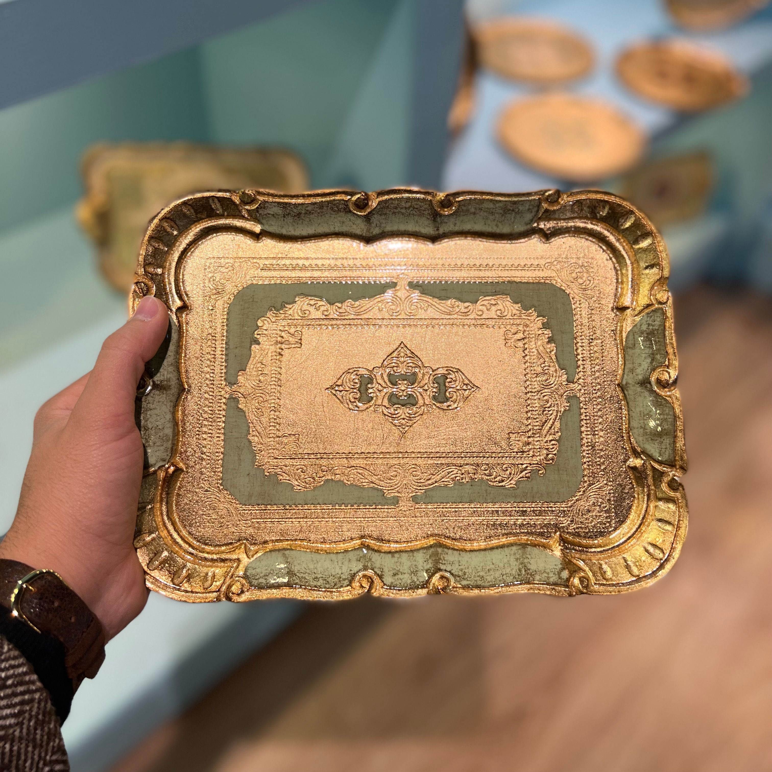 Orijinal İtalyan Gülağacı Dikdörtgen Tepsi Yeşil 26x19cm