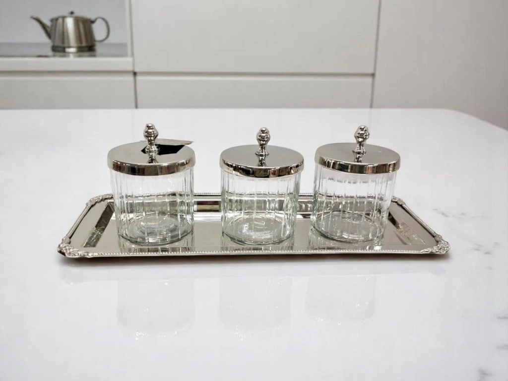 Tepsili 3'lü Pirinç-Cam Saklama Seti Gümüş