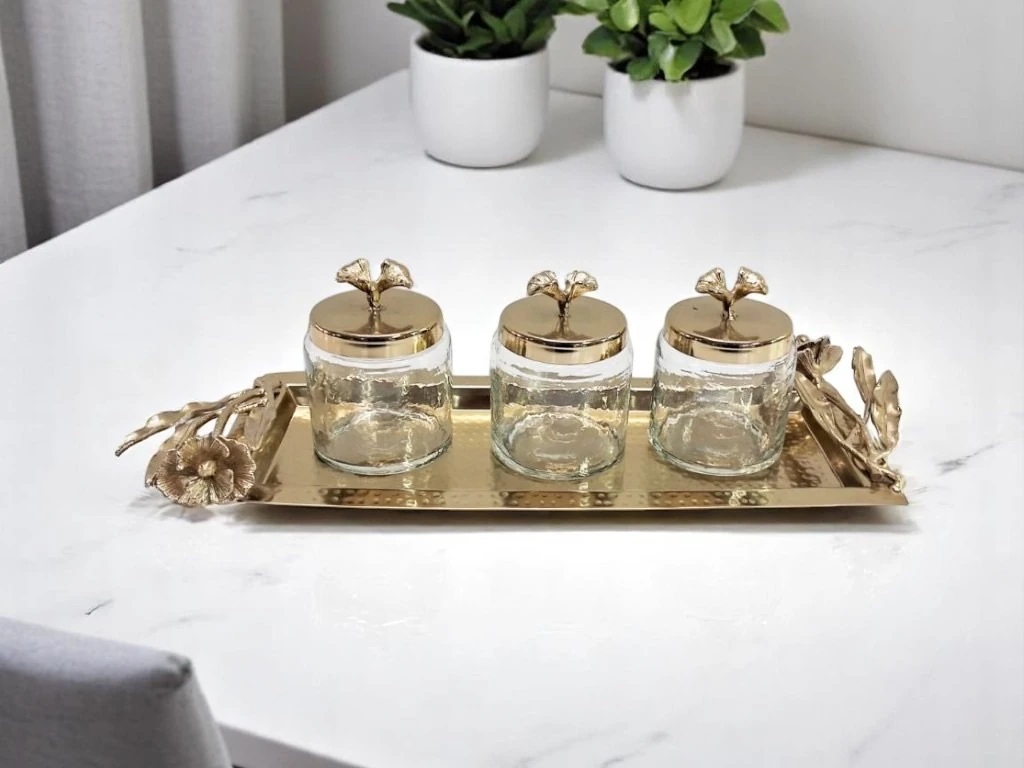 Tepsili 3'lü Pirinç Saklama Seti Gold