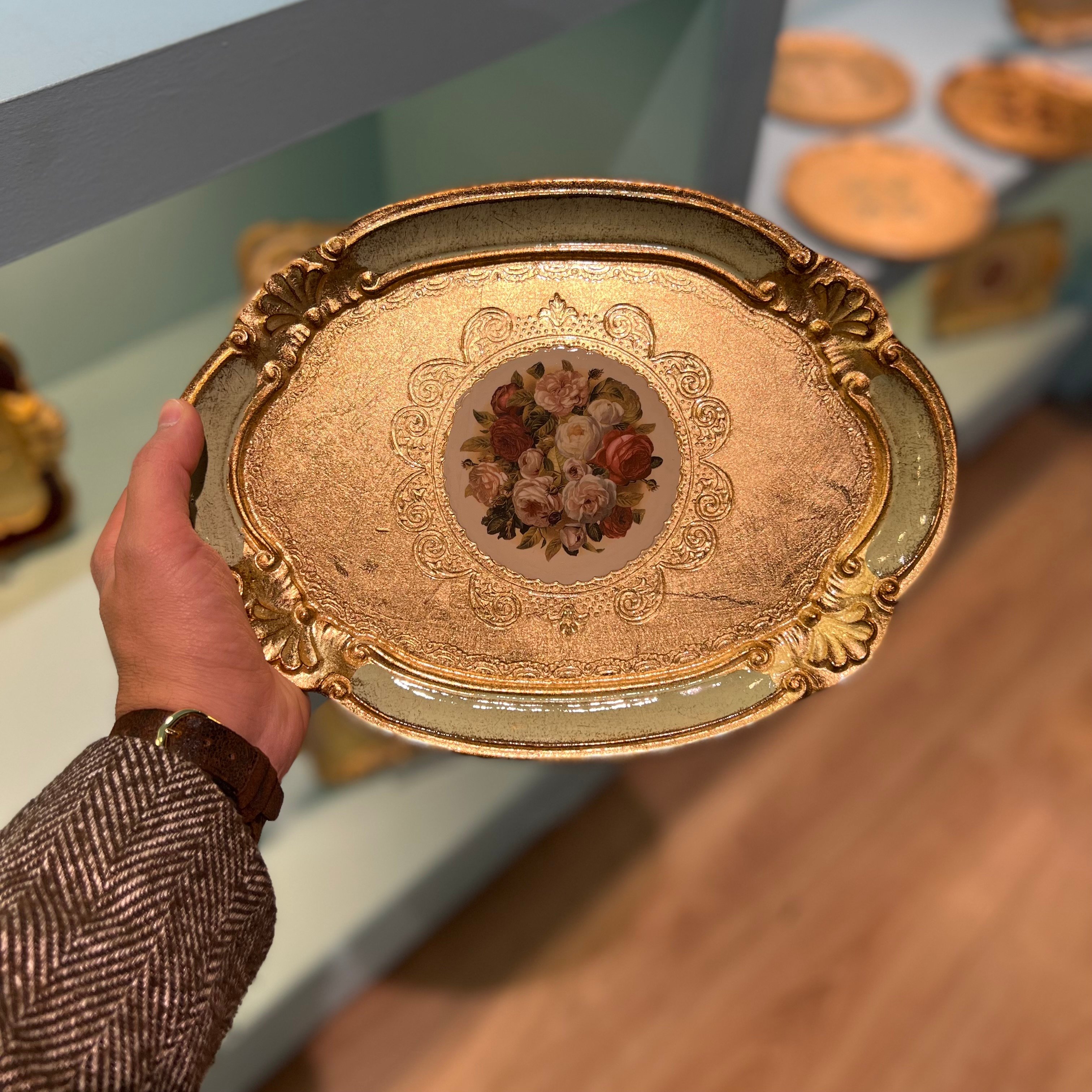 Orijinal İtalyan Gülağacı Oval Tepsi Yeşil 30x21cm