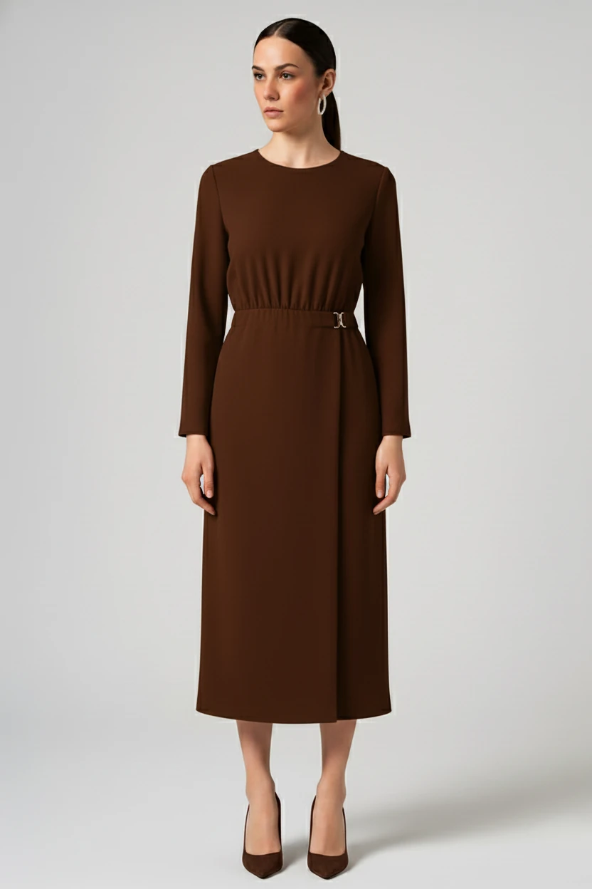 AKSESUAR DETAYLI KIRIŞMAZ ETEĞİ KRUVAZE MAXİ ELBİSE 