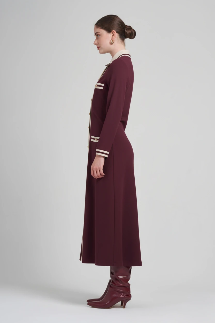 YAKA VE SÜS CEP DETAYLI MAXİ BOY ÖRME ELBİSE 