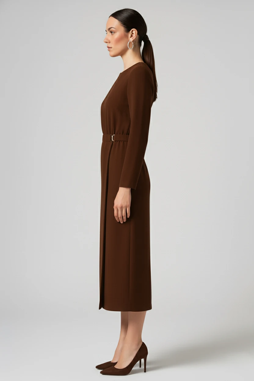 AKSESUAR DETAYLI KIRIŞMAZ ETEĞİ KRUVAZE MAXİ ELBİSE 