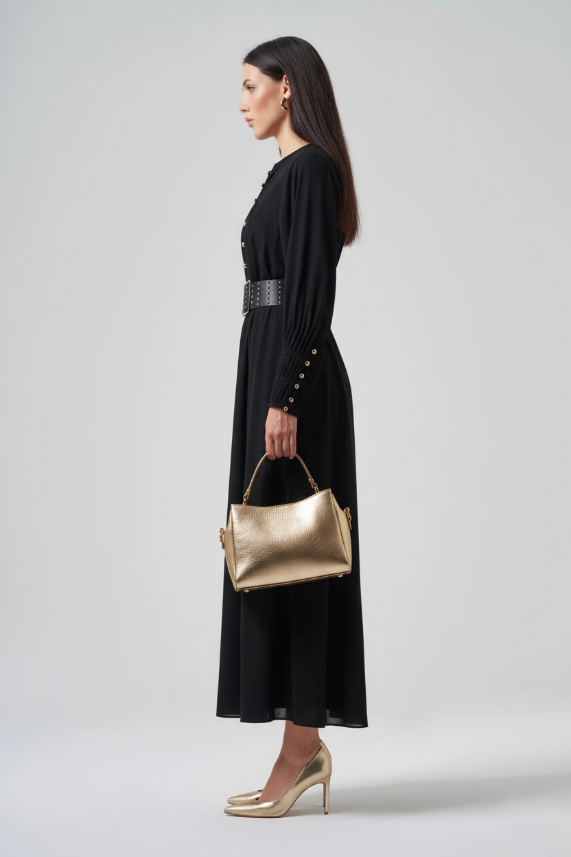 YAKA VE KOLU NERVÜR DETAYLI MAXİ BOY ELBİSE 