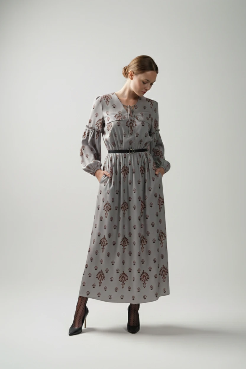 Yakası Bağcık Detaylı Maxi Boy  Desenli Elbise 