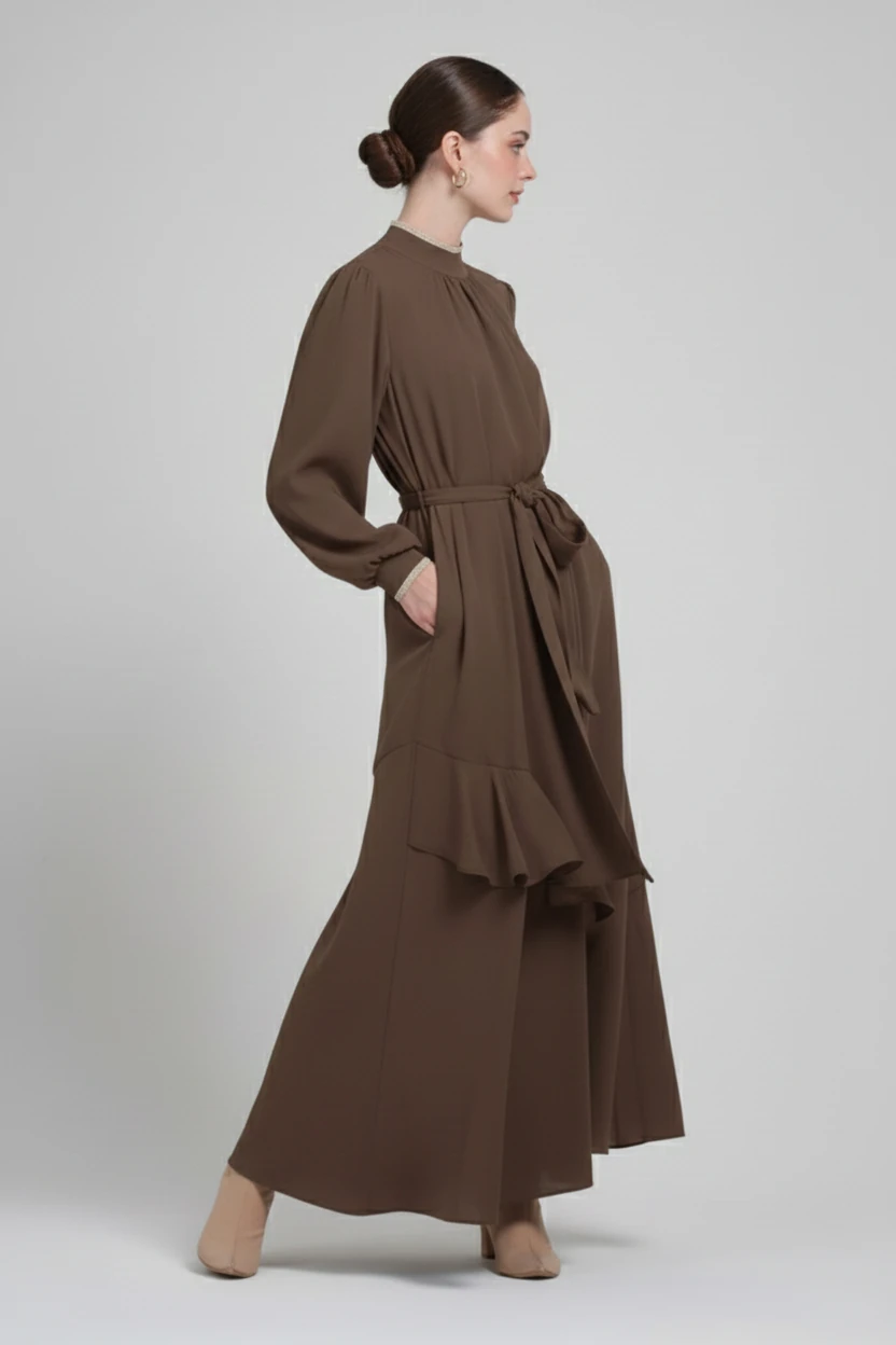 FIRFIR DETAYLI KIRIŞMAZ KUMAŞ TAM BOY ELBİSE 