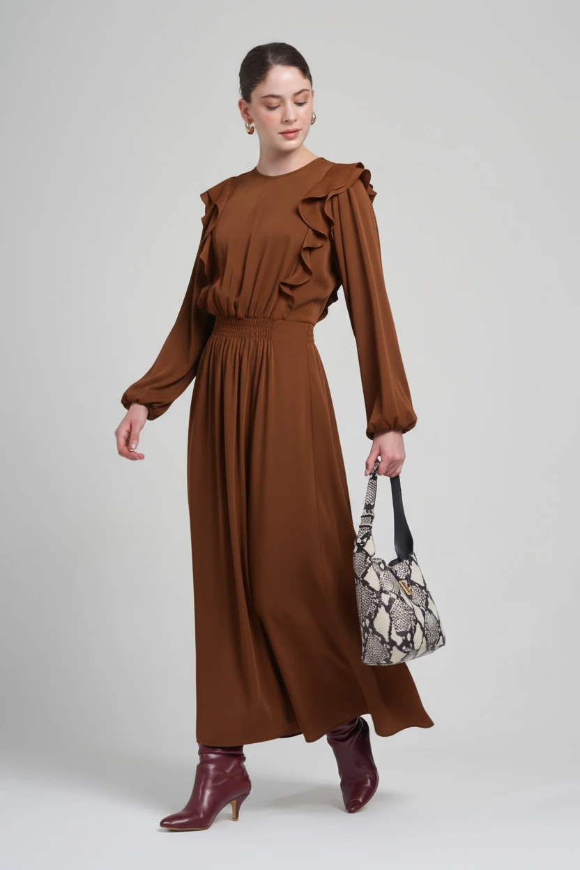 OMUZLARI FIRFIR DETAYLI BELDEN OTURAN KIRIŞMAZ ELBİSE 