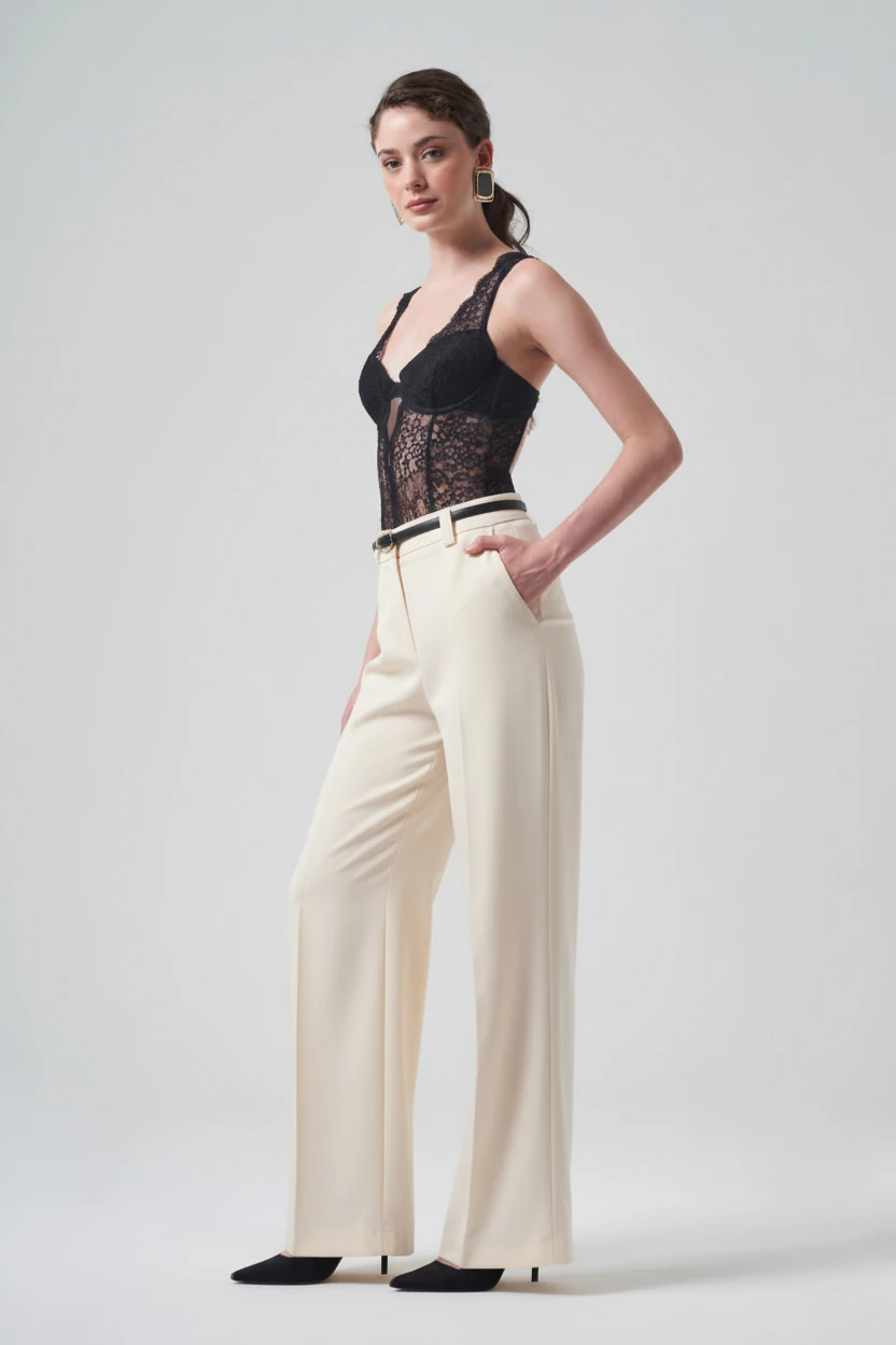 KEMER DETAYLI SATEN KLASİK PANTOLON 