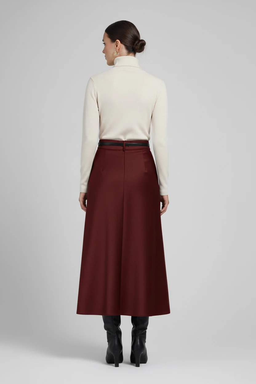 Si Design Kemer Detaylı Maxi Boy Saten Kalem Etek