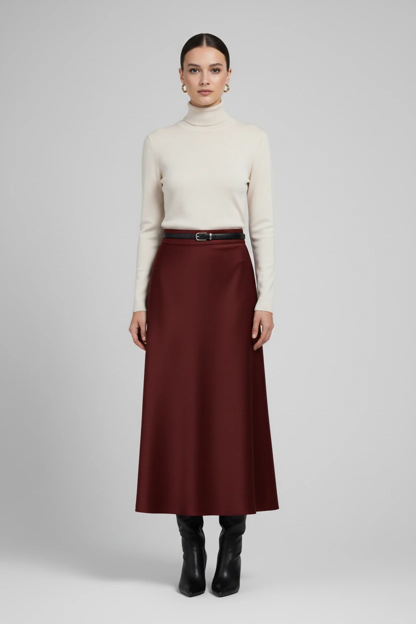 Si Design Kemer Detaylı Maxi Boy Saten Kalem Etek