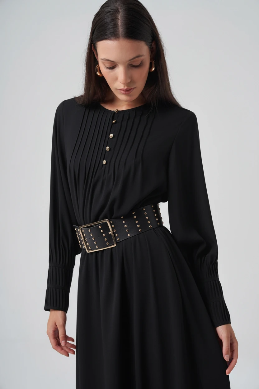 YAKA VE KOLU NERVÜR DETAYLI MAXİ BOY ELBİSE 