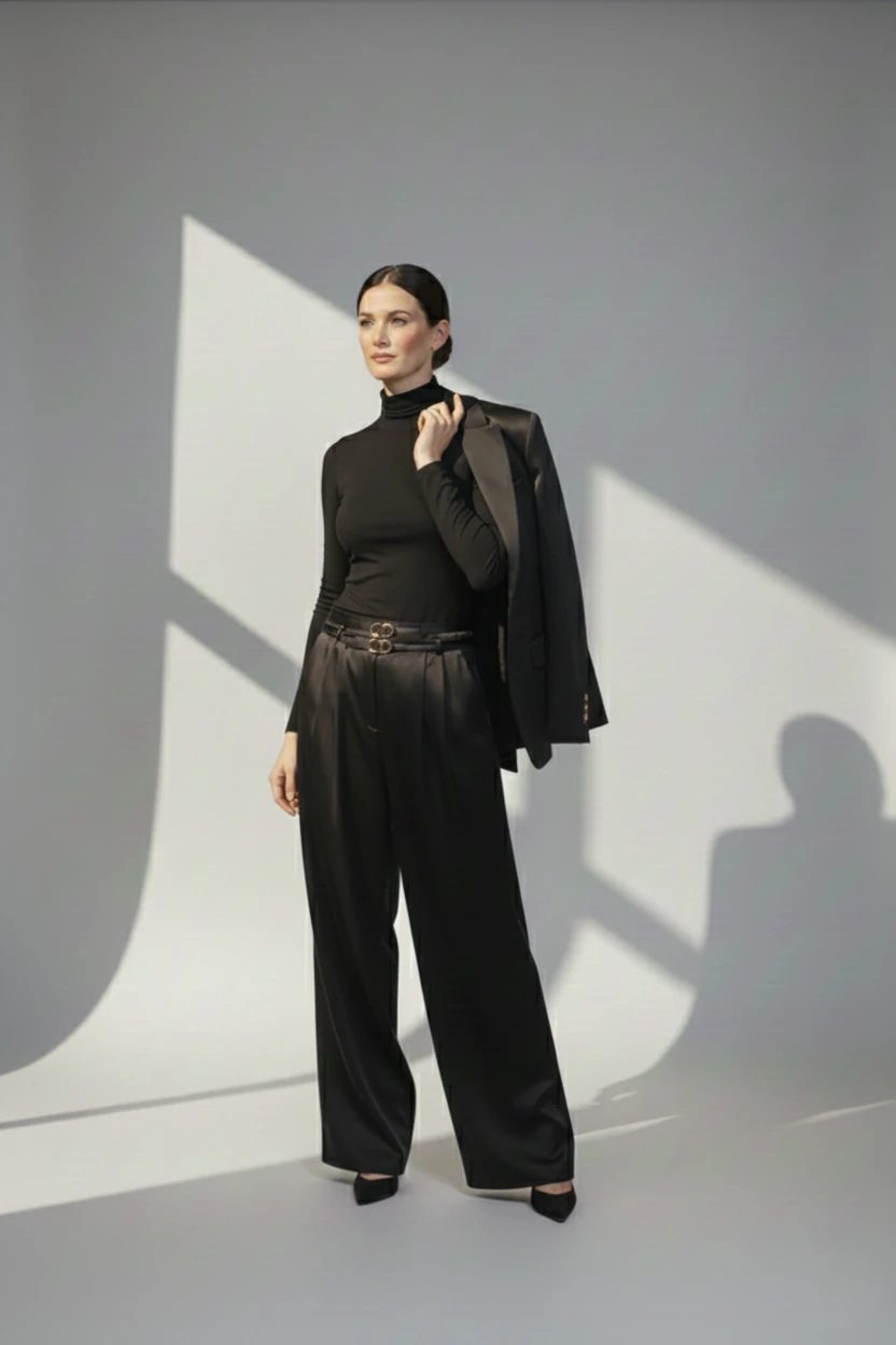 Si Design Kemer Detaylı Saten Geniş Paça Pantolon 