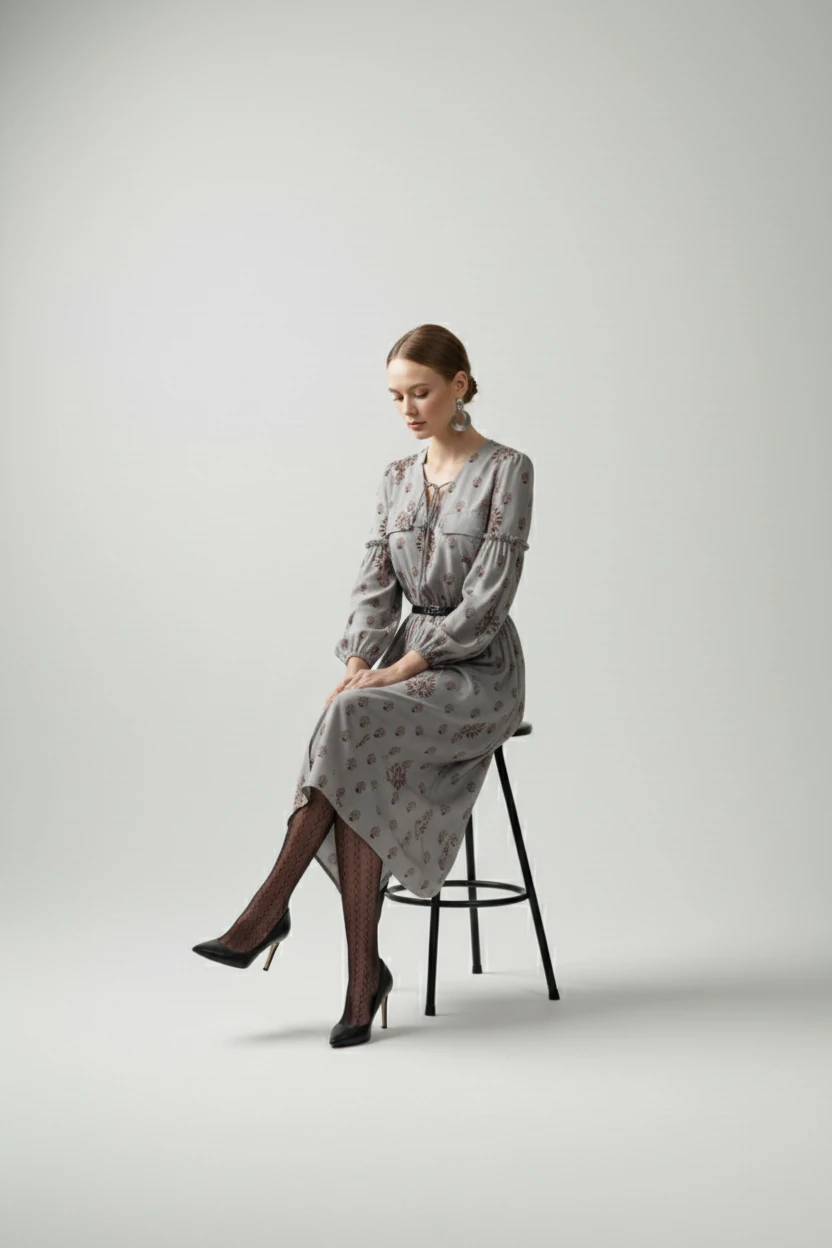 Yakası Bağcık Detaylı Maxi Boy  Desenli Elbise 