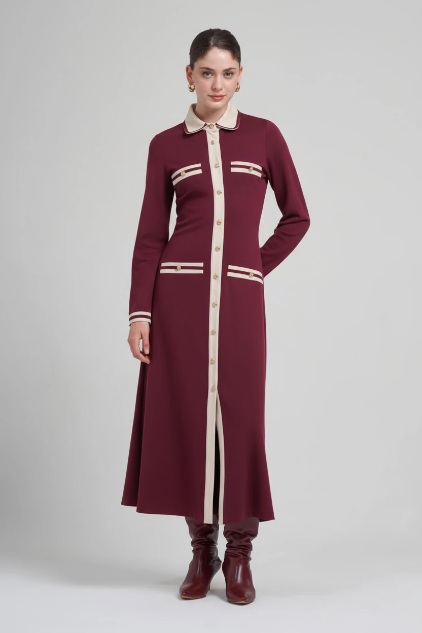 YAKA VE SÜS CEP DETAYLI MAXİ BOY ÖRME ELBİSE 