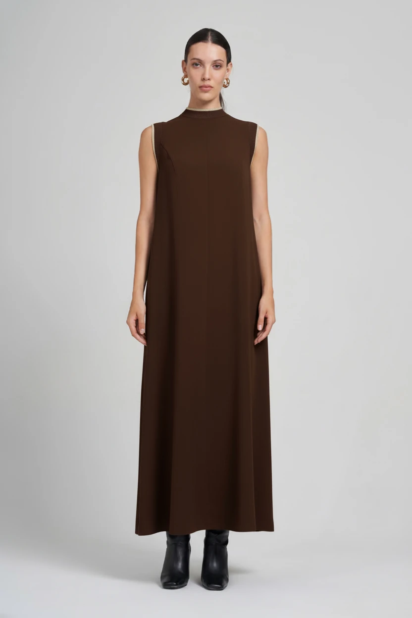 My 8 Design Simli Ribana Detaylı Maxi Boy Krep Elbise 