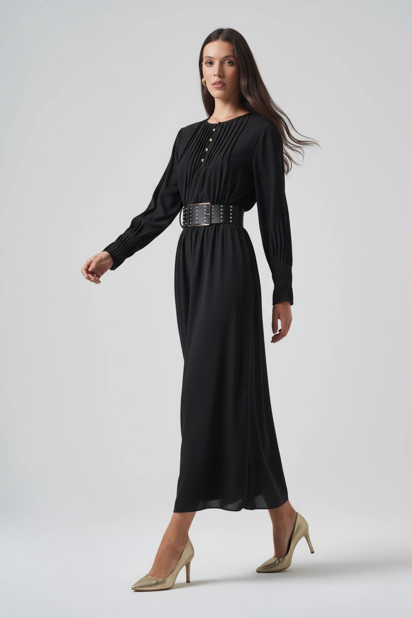 YAKA VE KOLU NERVÜR DETAYLI MAXİ BOY ELBİSE 