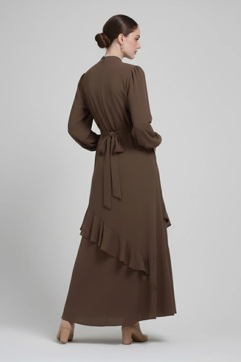 FIRFIR DETAYLI KIRIŞMAZ KUMAŞ TAM BOY ELBİSE 