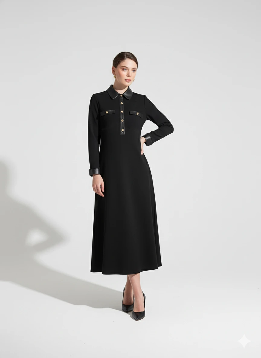 DERİ YAKA VE CEP DETAYLI MİDİ BOY ELBİSE 