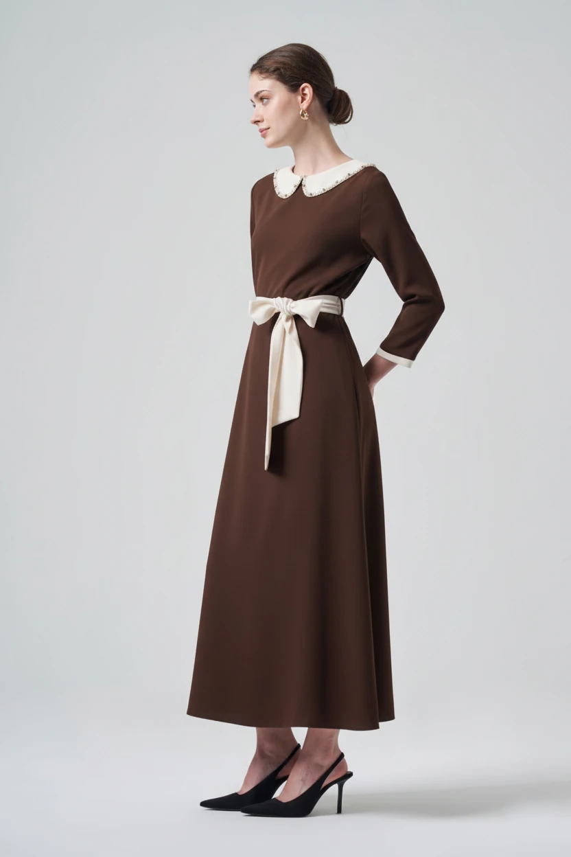 Si Design Yaka ve Kuşak Detaylı Truvakar Kol Elbise 