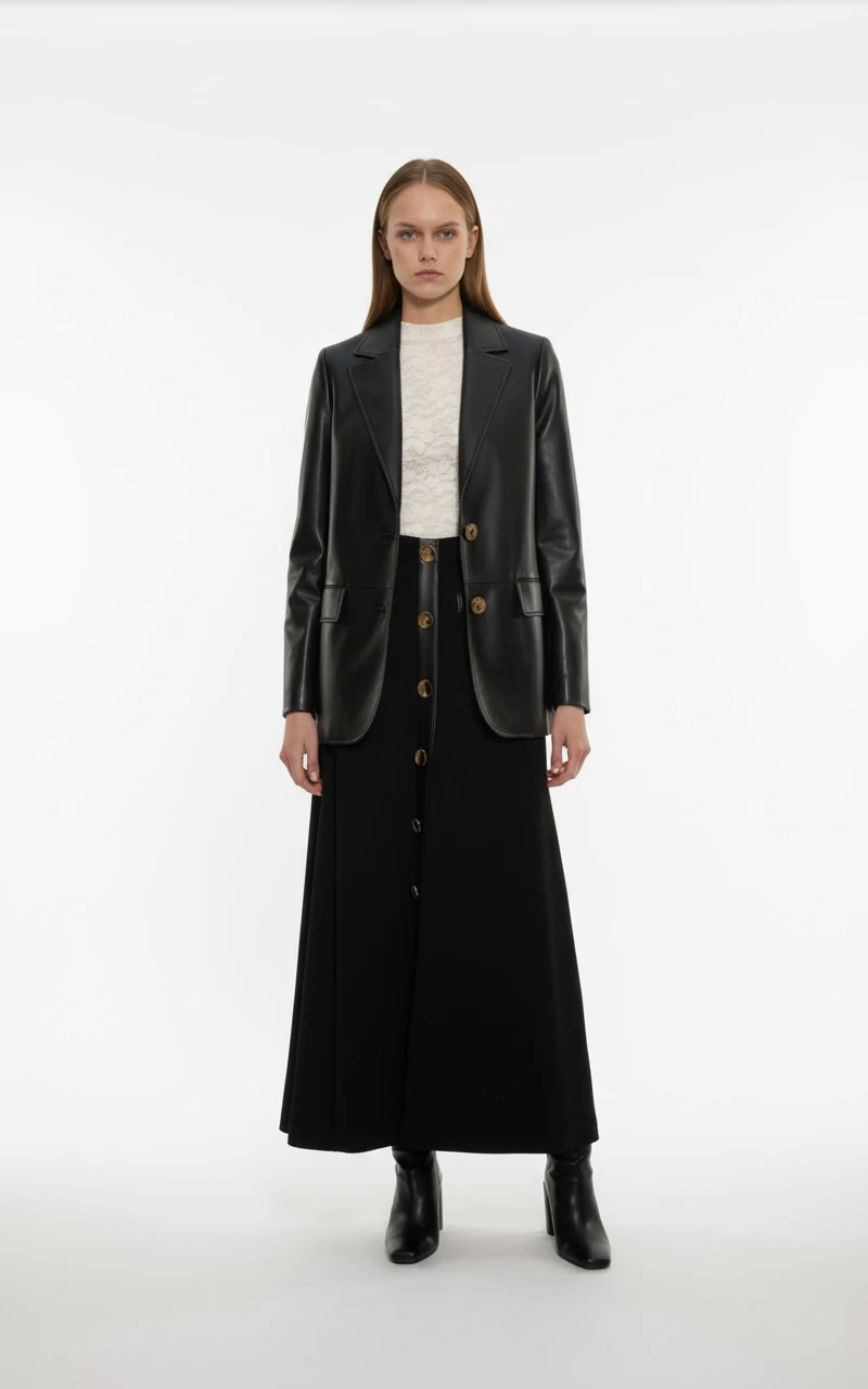 Düğme Detaylı Deri Ceket 