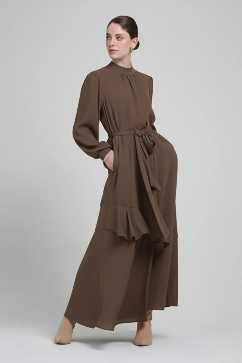 FIRFIR DETAYLI KIRIŞMAZ KUMAŞ TAM BOY ELBİSE 