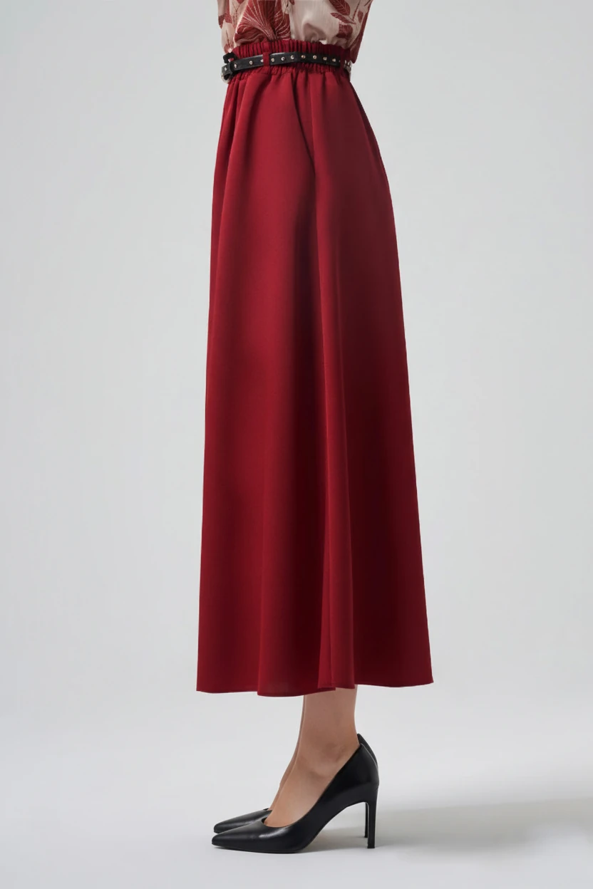 SATEN KEMER DETAYLI BELİ LASTİKLİ ETEK 