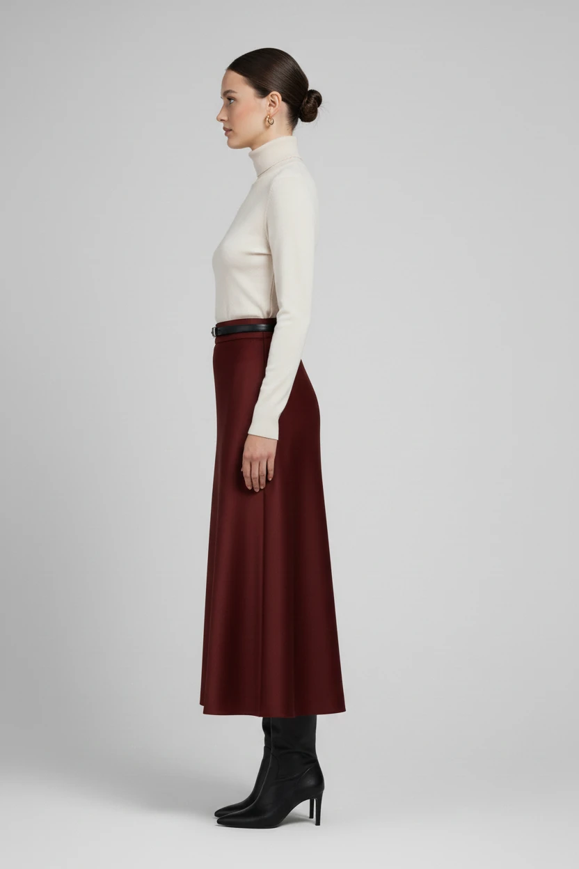 Si Design Kemer Detaylı Maxi Boy Saten Kalem Etek