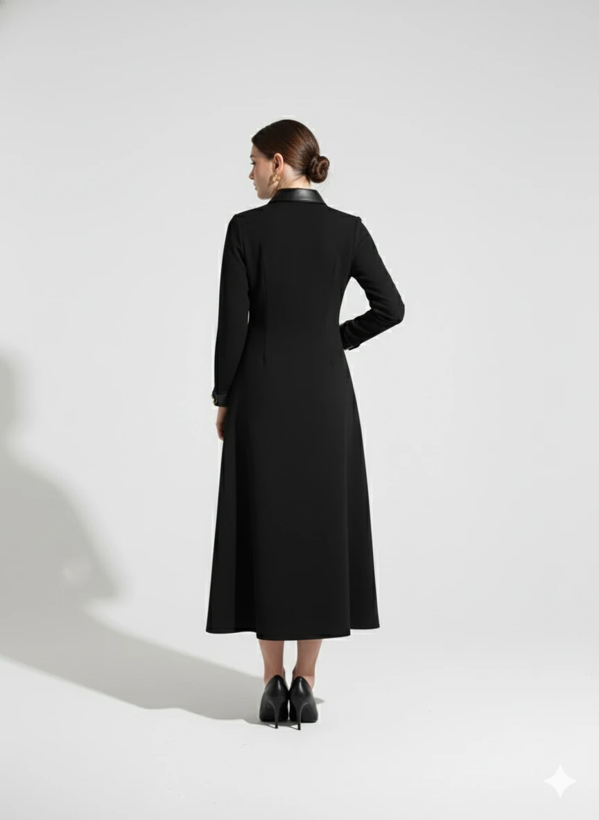 DERİ YAKA VE CEP DETAYLI MİDİ BOY ELBİSE 