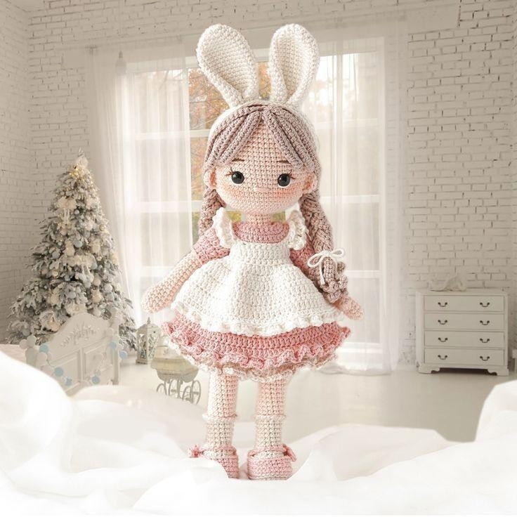 Amigurumi Tavşan Kulaklı Kız Bebek  30 cm 