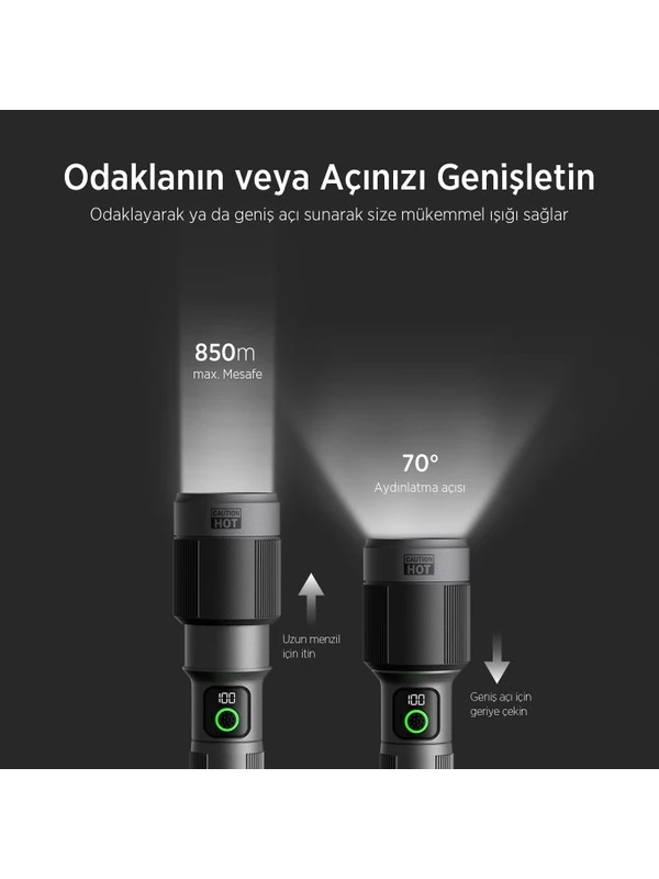 Flashlight BX5101FL 60W LED, Max. 2300 Lümen Parlaklık ve 850 Metreye Kadar Uzun Menzilli, Şarj Edilebilir, LED Güç Göstergeli ve Çok Modlu Kompakt El Feneri